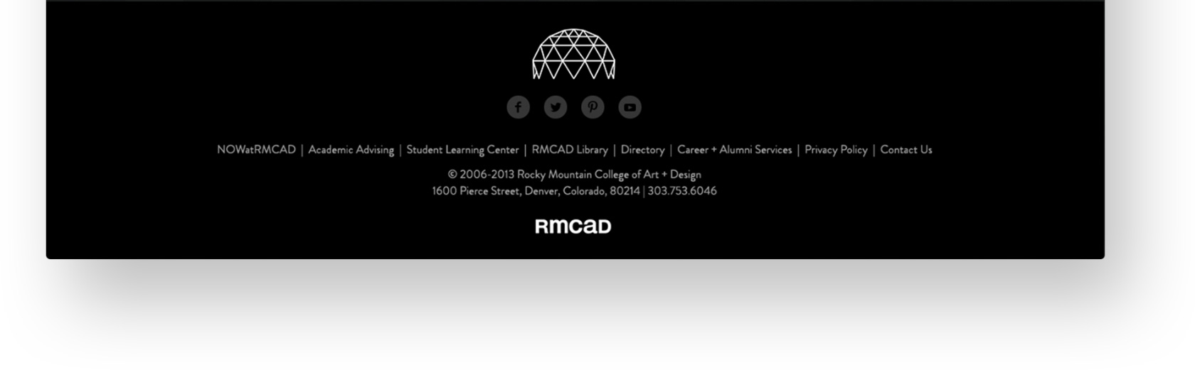 The Dome footer with the dome logo, social icons, links and RMCAD address.